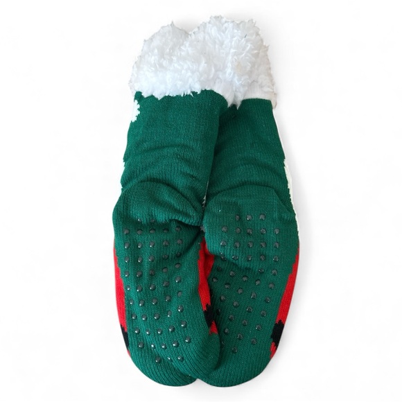 Santa Claus Faux Sherpa Lined Soft Non-Slip Red Green Slipper Socks Christmas - Picture 2 of 3